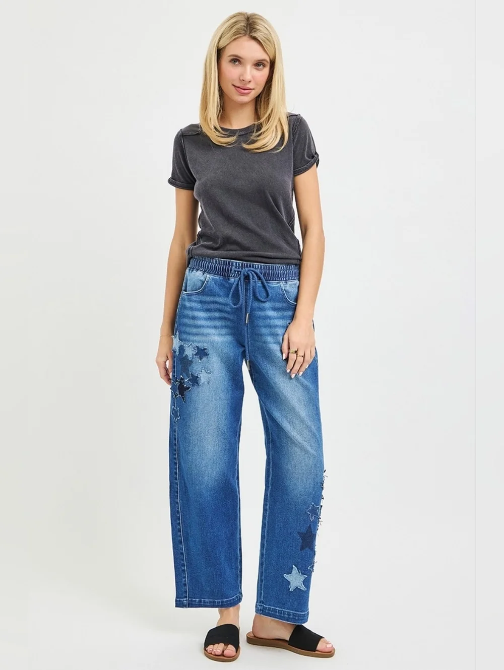 RISEN HR Dark Wash Slouchy Barrel Jeans Star Patch Elastic Waist Various NEW - Picture 1 of 7